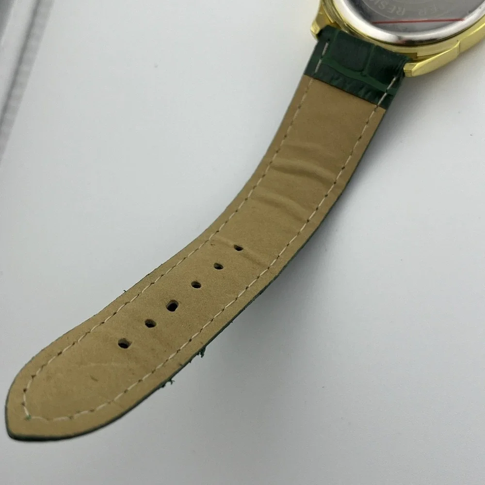Strada Watch Women 40mm Gold‎ Case MOP Green Faux Leather Band- New Battery